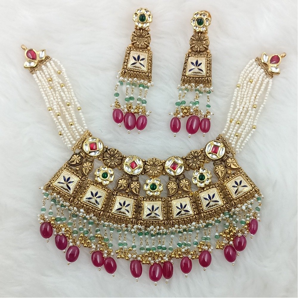 916 Gold Colorful Bikaneri Meena Bridal Necklace Set